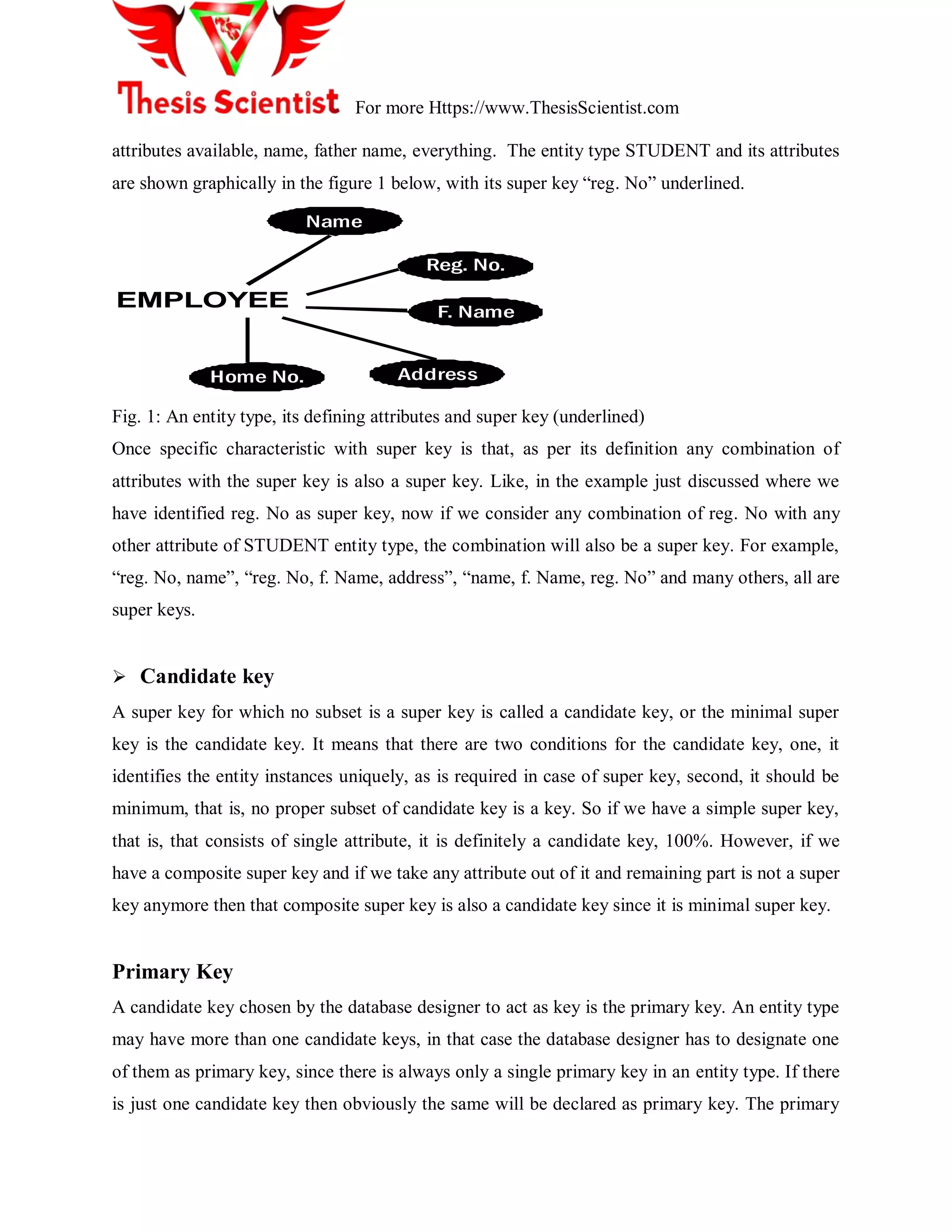 For more Https://www.ThesisScientist.com
attributes available, name, father name, everything. The entity type STUDENT and its attributes
are shown graphically in the figure 1 below, with its super key ―reg. No‖ underlined.
EMPLOYEE
Name
Reg. No.
F. Name
AddressHome No.
Fig. 1: An entity type, its defining attributes and super key (underlined)
Once specific characteristic with super key is that, as per its definition any combination of
attributes with the super key is also a super key. Like, in the example just discussed where we
have identified reg. No as super key, now if we consider any combination of reg. No with any
other attribute of STUDENT entity type, the combination will also be a super key. For example,
―reg. No, name‖, ―reg. No, f. Name, address‖, ―name, f. Name, reg. No‖ and many others, all are
super keys.
 Candidate key
A super key for which no subset is a super key is called a candidate key, or the minimal super
key is the candidate key. It means that there are two conditions for the candidate key, one, it
identifies the entity instances uniquely, as is required in case of super key, second, it should be
minimum, that is, no proper subset of candidate key is a key. So if we have a simple super key,
that is, that consists of single attribute, it is definitely a candidate key, 100%. However, if we
have a composite super key and if we take any attribute out of it and remaining part is not a super
key anymore then that composite super key is also a candidate key since it is minimal super key.
Primary Key
A candidate key chosen by the database designer to act as key is the primary key. An entity type
may have more than one candidate keys, in that case the database designer has to designate one
of them as primary key, since there is always only a single primary key in an entity type. If there
is just one candidate key then obviously the same will be declared as primary key. The primary
 