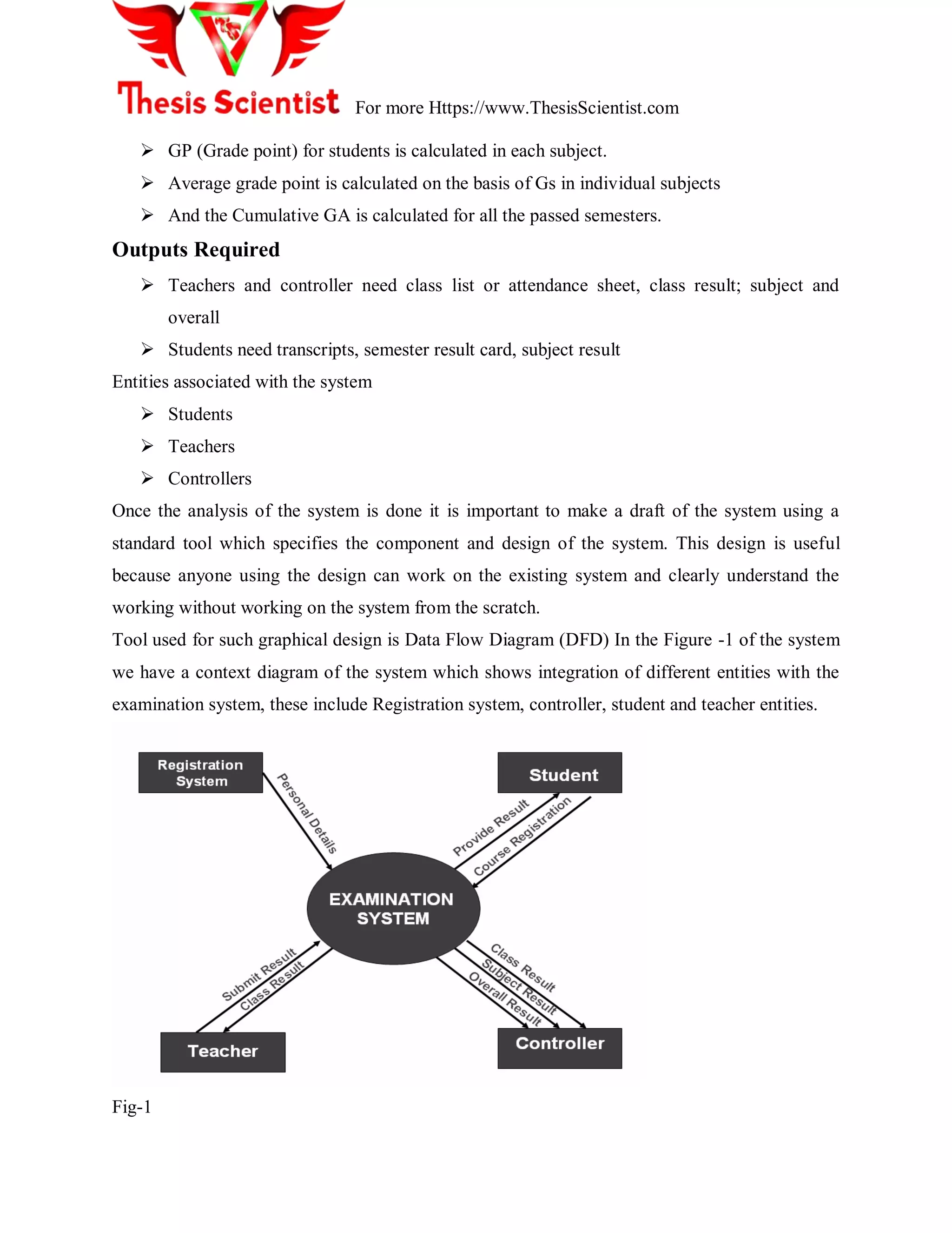 For more Https://www.ThesisScientist.com
 GP (Grade point) for students is calculated in each subject.
 Average grade point is calculated on the basis of Gs in individual subjects
 And the Cumulative GA is calculated for all the passed semesters.
Outputs Required
 Teachers and controller need class list or attendance sheet, class result; subject and
overall
 Students need transcripts, semester result card, subject result
Entities associated with the system
 Students
 Teachers
 Controllers
Once the analysis of the system is done it is important to make a draft of the system using a
standard tool which specifies the component and design of the system. This design is useful
because anyone using the design can work on the existing system and clearly understand the
working without working on the system from the scratch.
Tool used for such graphical design is Data Flow Diagram (DFD) In the Figure -1 of the system
we have a context diagram of the system which shows integration of different entities with the
examination system, these include Registration system, controller, student and teacher entities.
Fig-1
 