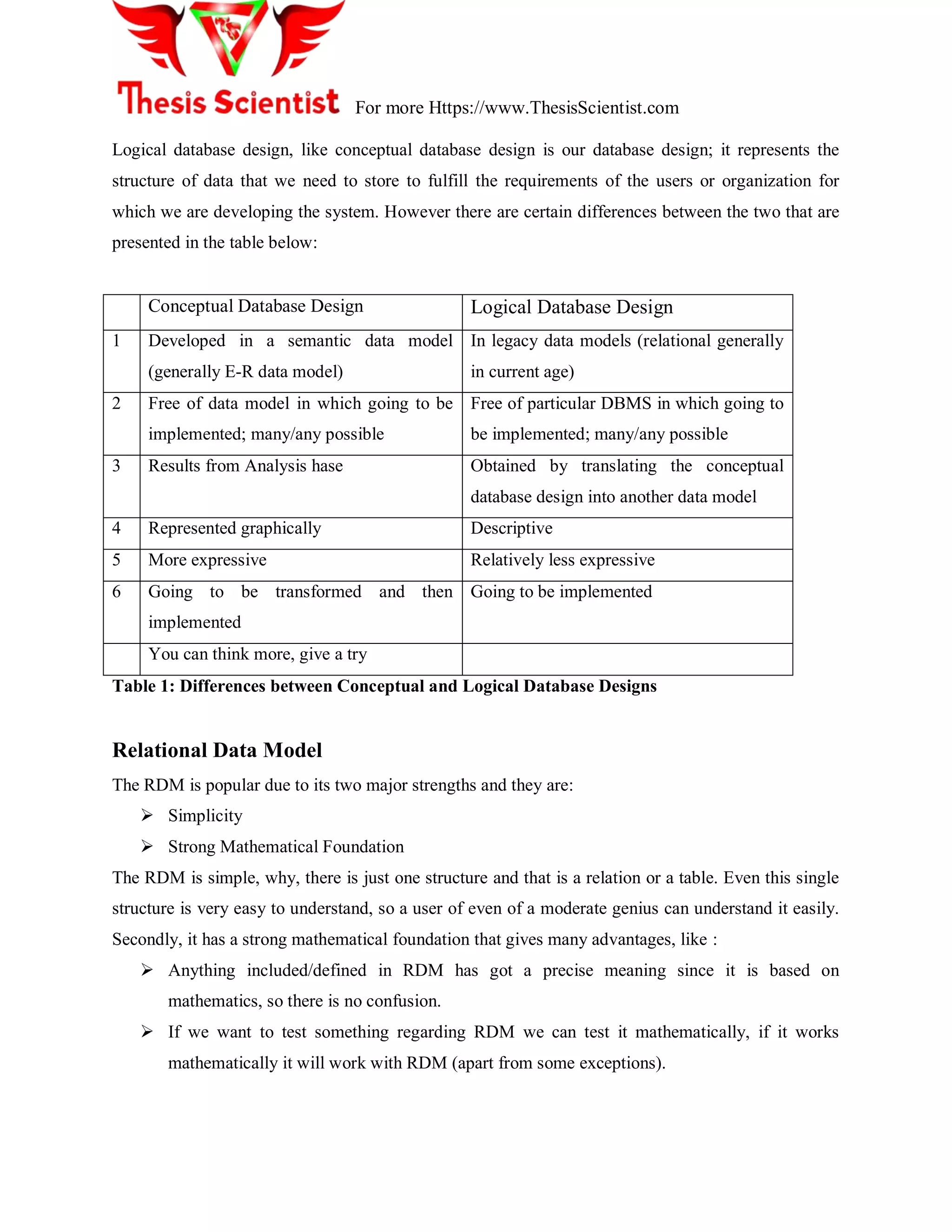 For more Https://www.ThesisScientist.com
Logical database design, like conceptual database design is our database design; it represents the
structure of data that we need to store to fulfill the requirements of the users or organization for
which we are developing the system. However there are certain differences between the two that are
presented in the table below:
Conceptual Database Design Logical Database Design
1 Developed in a semantic data model
(generally E-R data model)
In legacy data models (relational generally
in current age)
2 Free of data model in which going to be
implemented; many/any possible
Free of particular DBMS in which going to
be implemented; many/any possible
3 Results from Analysis hase Obtained by translating the conceptual
database design into another data model
4 Represented graphically Descriptive
5 More expressive Relatively less expressive
6 Going to be transformed and then
implemented
Going to be implemented
You can think more, give a try
Table 1: Differences between Conceptual and Logical Database Designs
Relational Data Model
The RDM is popular due to its two major strengths and they are:
 Simplicity
 Strong Mathematical Foundation
The RDM is simple, why, there is just one structure and that is a relation or a table. Even this single
structure is very easy to understand, so a user of even of a moderate genius can understand it easily.
Secondly, it has a strong mathematical foundation that gives many advantages, like :
 Anything included/defined in RDM has got a precise meaning since it is based on
mathematics, so there is no confusion.
 If we want to test something regarding RDM we can test it mathematically, if it works
mathematically it will work with RDM (apart from some exceptions).
 