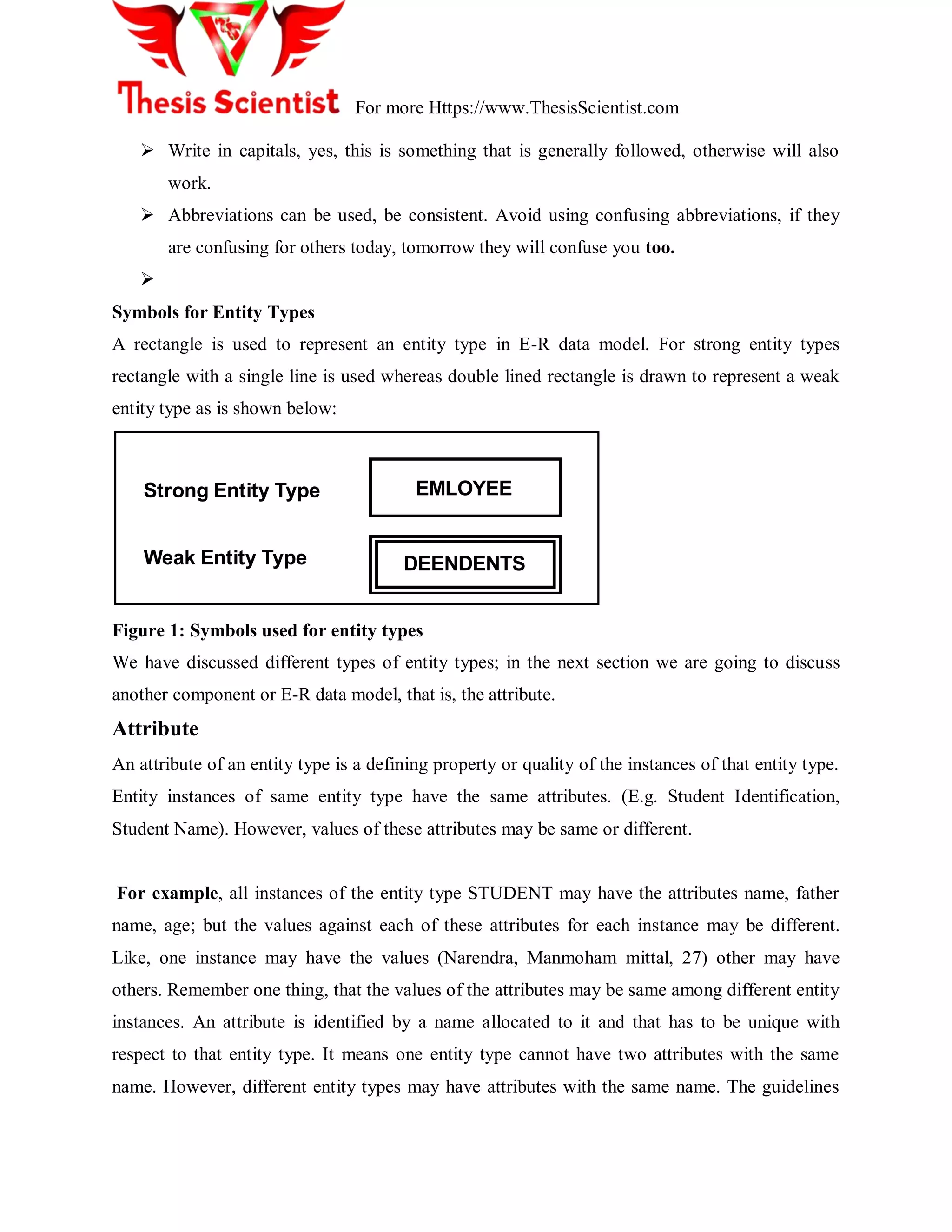For more Https://www.ThesisScientist.com
 Write in capitals, yes, this is something that is generally followed, otherwise will also
work.
 Abbreviations can be used, be consistent. Avoid using confusing abbreviations, if they
are confusing for others today, tomorrow they will confuse you too.

Symbols for Entity Types
A rectangle is used to represent an entity type in E-R data model. For strong entity types
rectangle with a single line is used whereas double lined rectangle is drawn to represent a weak
entity type as is shown below:
Strong Entity Type
Weak Entity Type
EMLOYEE
DEENDENTS
Figure 1: Symbols used for entity types
We have discussed different types of entity types; in the next section we are going to discuss
another component or E-R data model, that is, the attribute.
Attribute
An attribute of an entity type is a defining property or quality of the instances of that entity type.
Entity instances of same entity type have the same attributes. (E.g. Student Identification,
Student Name). However, values of these attributes may be same or different.
For example, all instances of the entity type STUDENT may have the attributes name, father
name, age; but the values against each of these attributes for each instance may be different.
Like, one instance may have the values (Narendra, Manmoham mittal, 27) other may have
others. Remember one thing, that the values of the attributes may be same among different entity
instances. An attribute is identified by a name allocated to it and that has to be unique with
respect to that entity type. It means one entity type cannot have two attributes with the same
name. However, different entity types may have attributes with the same name. The guidelines
 