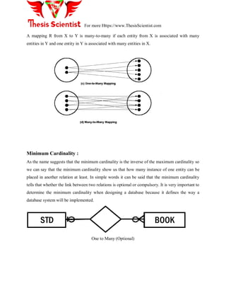 For more Https://www.ThesisScientist.com
A mapping R from X to Y is many-to-many if each entity from X is associated with many
entities in Y and one entity in Y is associated with many entities in X.
Minimum Cardinality :
As the name suggests that the minimum cardinality is the inverse of the maximum cardinality so
we can say that the minimum cardinality show us that how many instance of one entity can be
placed in another relation at least. In simple words it can be said that the minimum cardinality
tells that whether the link between two relations is optional or compulsory. It is very important to
determine the minimum cardinality when designing a database because it defines the way a
database system will be implemented.
STD BOOK
One to Many (Optional)
 