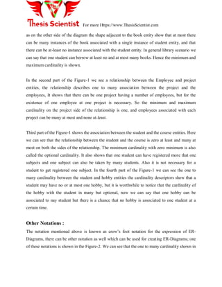 For more Https://www.ThesisScientist.com
as on the other side of the diagram the shape adjacent to the book entity show that at most there
can be many instances of the book associated with a single instance of student entity, and that
there can be at-least no instance associated with the student entity. In general library scenario we
can say that one student can borrow at least no and at most many books. Hence the minimum and
maximum cardinality is shown.
In the second part of the Figure-1 we see a relationship between the Employee and project
entities, the relationship describes one to many association between the project and the
employees, It shows that there can be one project having a number of employees, but for the
existence of one employee at one project is necessary. So the minimum and maximum
cardinality on the project side of the relationship is one, and employees associated with each
project can be many at most and none at-least.
Third part of the Figure-1 shows the association between the student and the course entities. Here
we can see that the relationship between the student and the course is zero at least and many at
most on both the sides of the relationship. The minimum cardinality with zero minimum is also
called the optional cardinality. It also shows that one student can have registered more that one
subjects and one subject can also be taken by many students. Also it is not necessary for a
student to get registered one subject. In the fourth part of the Figure-1 we can see the one to
many cardinality between the student and hobby entities the cardinality descriptors show that a
student may have no or at most one hobby, but it is worthwhile to notice that the cardinality of
the hobby with the student in many but optional, now we can say that one hobby can be
associated to nay student but there is a chance that no hobby is associated to one student at a
certain time.
Other Notations :
The notation mentioned above is known as crow‘s foot notation for the expression of ER-
Diagrams, there can be other notation as well which can be used for creating ER-Diagrams; one
of these notations is shown in the Figure-2. We can see that the one to many cardinality shown in
 