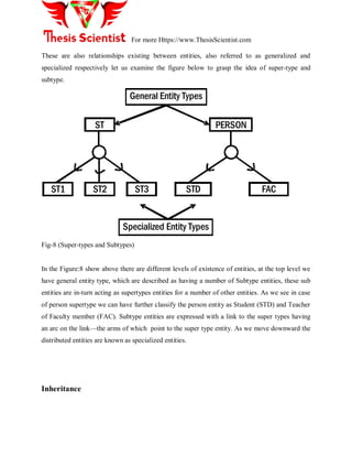 For more Https://www.ThesisScientist.com
These are also relationships existing between entities, also referred to as generalized and
specialized respectively let us examine the figure below to grasp the idea of super-type and
subtype.
General Entity Types
Specialized Entity Types
ST
ST1 ST2 ST3 STD FAC
PERSON
Fig-8 (Super-types and Subtypes)
In the Figure:8 show above there are different levels of existence of entities, at the top level we
have general entity type, which are described as having a number of Subtype entities, these sub
entities are in-turn acting as supertypes entities for a number of other entities. As we see in case
of person supertype we can have further classify the person entity as Student (STD) and Teacher
of Faculty member (FAC). Subtype entities are expressed with a link to the super types having
an arc on the link—the arms of which point to the super type entity. As we move downward the
distributed entities are known as specialized entities.
Inheritance
 