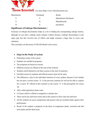 For more Https://www.ThesisScientist.com
Manufacture Purchased Result
Y Y Manufacture Purchased
Y N Manufactured
N Y purchased.
Significance of Subtype Discriminator :
Existence of subtype discriminator helps us a lot in finding the corresponding subtype entities,
although we can find a subtype entity instance without having a subtype discriminator in the
super type but that involves lots of efforts and might consume a huge time in worst case
situations.
This concludes out discussion of The ER Model in the course.
 Steps in the Study of system
 Preliminary study of the system
 Students are enrolled in programs.
 The programs are based on courses
 Different courses are offered at the start of the semester
 Students enroll themselves for these courses at the start of semesters
 Enrolled courses by students and offered courses must not be same.
 The difference is due to the individual situation of every student, because if one student
has not pass a certain course ‗A‘ in the previous semester he will not be able to register
for a course ‗B‘ offered in this semester as the course ‗A‘ is the prerequisite for course
‗B‘.
 After valid registration classes start.
 A Course which is offered is assigned to a teacher also
 There can be any mid term exams and in this system we have only one mid term
 All the students are given assignments and quizzes and are awarded marks against their
performance.
 Result of the student is prepared on the basis of assignment marks, sessional and mid
term marks and the final exam.
 