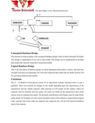 For more Https://www.ThesisScientist.com
SEMESTER
STUDENT
COURSE
ENROLLEDGA
1 - *P
1 - *
1
TEACHERS
Conceptual Database Design
The outcome of analysis phase is the conceptual database design, which is drawn through E-R model.
This design is independent of any tool or data model. This design can be implemented in multiple
data models like network, relational or hierarchal models.
Logical Database Design
This is the next phase of database design, in which appropriate data model is chosen, and from here
onwards it becomes tool dependent. We will select relational data model and our further lectures will
be concerning relational data models
Conclusion
The E – R Model of Examination system of an educational institute discussed above is just a
guideline. There can certainly be changes in this model depending upon the requirements of the
organization and the outputs required. After drawing an E-R model, all the outputs, which are
required, must be matched with the system. If it does not fulfill all the requirements then whole
process must be rehashed once again. All necessary modifications and changes must be made before
going ahead. For Example, if in this system attendance sheet of the students is required then program
code, semester and course codes are required, this composite key will give the desired attendance
sheet of the students.
 