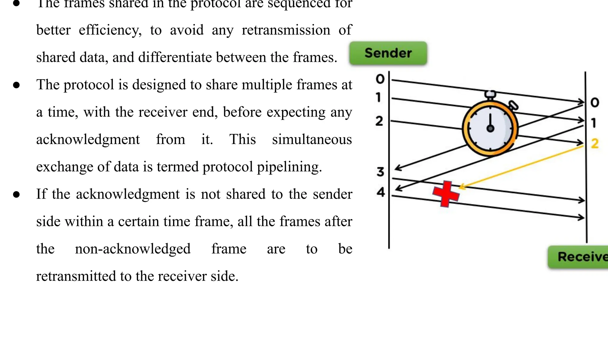 ● The frames shared in the protocol are sequenced for better efficiency, to avoid any retransmission of shared data, and differentiate between the frames. ● The protocol is designed to share multiple frames at a time, with the receiver end, before expecting any acknowledgment from it. This simultaneous exchange of data is termed protocol pipelining. ● If the acknowledgment is not shared to the sender side within a certain time frame, all the frames after the non-acknowledged frame are to be retransmitted to the receiver side. 