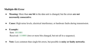 Multiple-Bit Error
● Meaning: More than one bit in the data unit is changed, but the errors are not
necessarily consecutive.
● Cause: High noise levels, electrical interference, or hardware faults during transmission.
● Example:
Sent: 1011001
Received: 1110001 (two or more bits changed, but not all in a sequence).
● Note: Less common than single-bit errors, but possible in noisy or faulty networks.
 