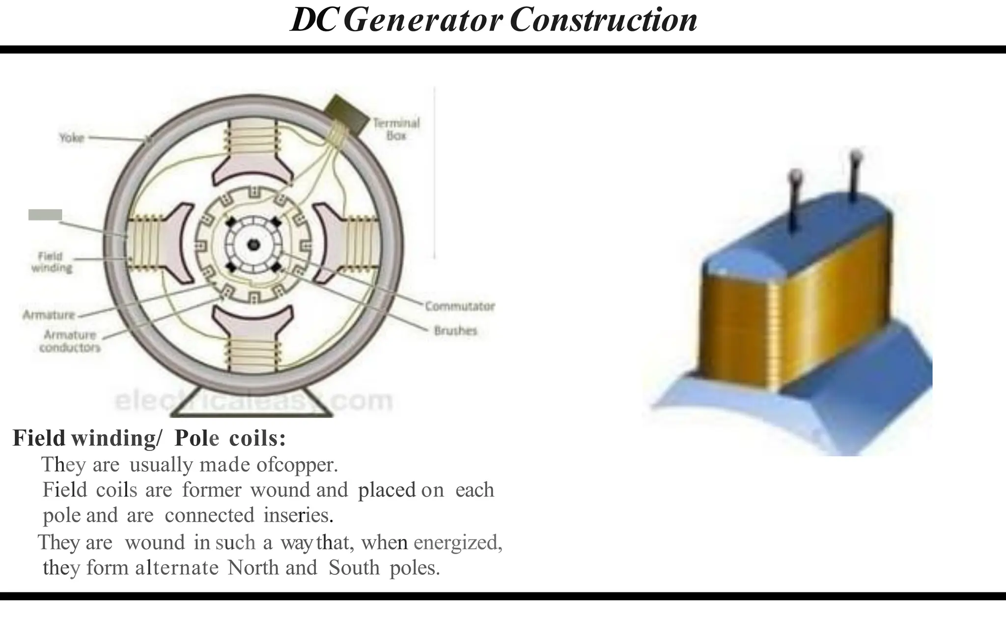 DCGenerator Construction
-
Field winding/ Pole coils:
They are usually made ofcopper.
Field coils are former wound and placed on each
pole and are connected inseries.
They are wound in such a waythat, when energized,
they form alternate North and South poles.
 