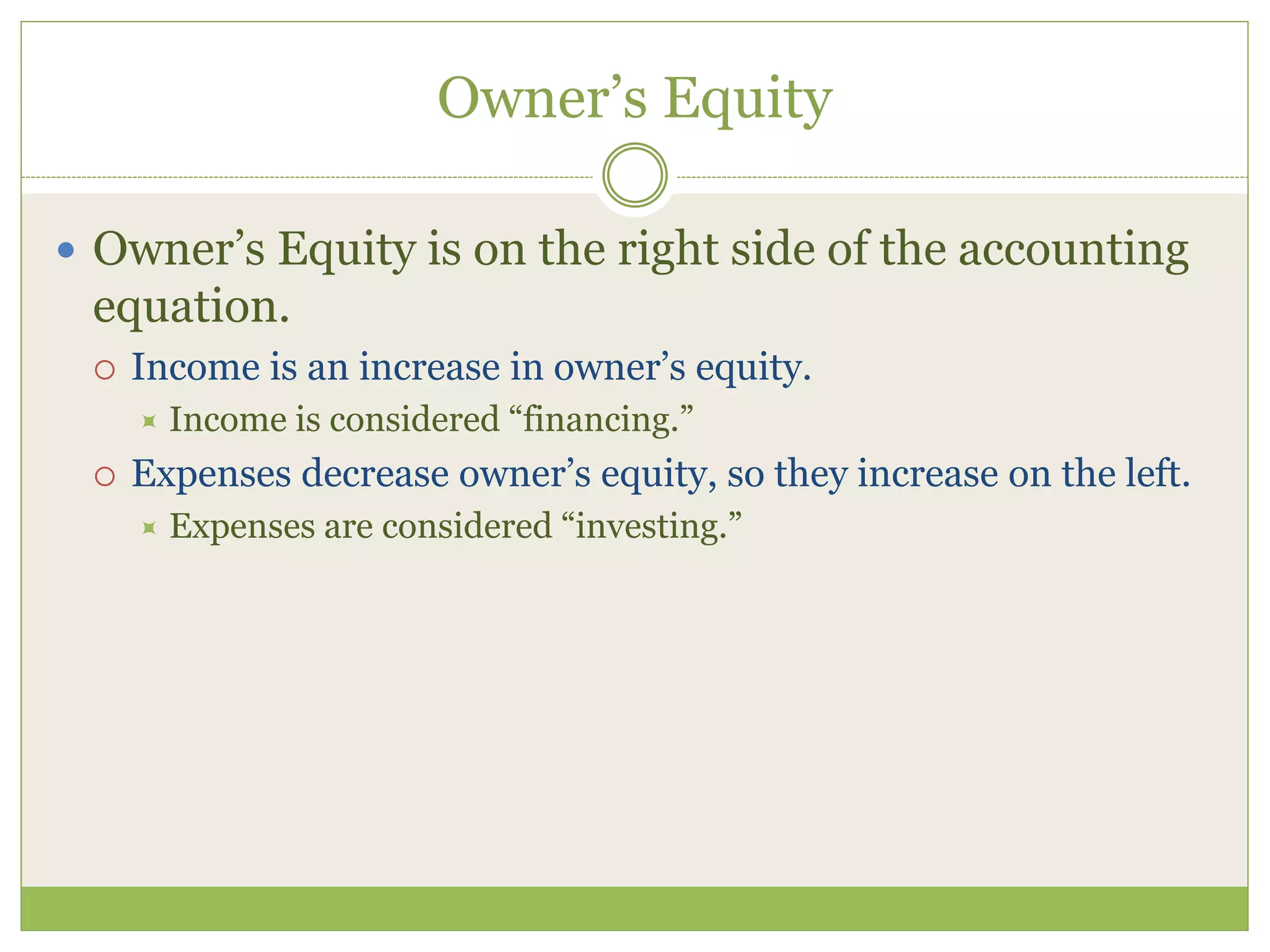 Owner’s Equity 
 Owner’s Equity is on the right side of the accounting 
equation. 
 Income is an increase in owner’s equity. 
 Income is considered “financing.” 
 Expenses decrease owner’s equity, so they increase on the left. 
 Expenses are considered “investing.” 
 