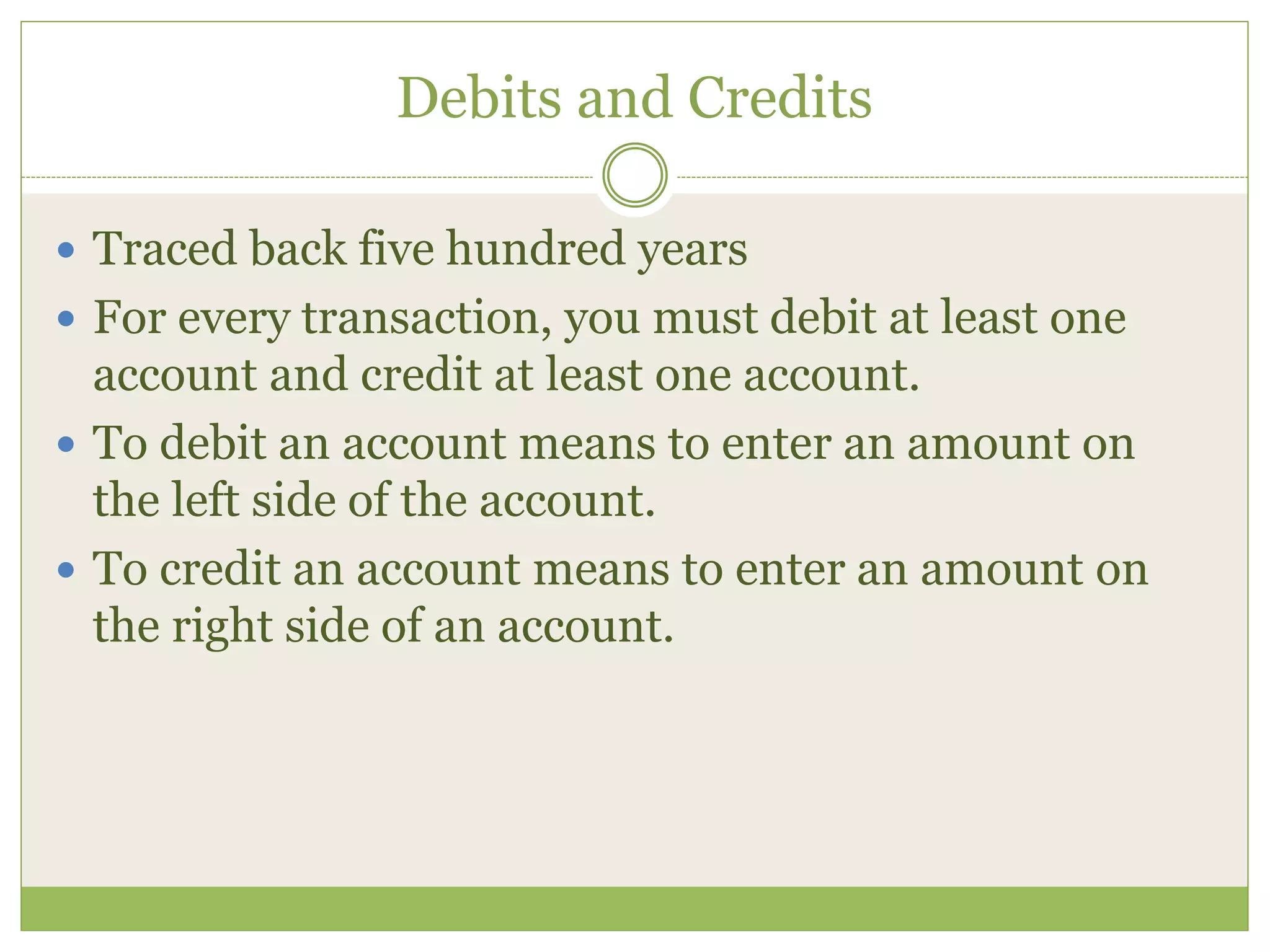 Debits and Credits 
 Traced back five hundred years 
 For every transaction, you must debit at least one 
account and credit at least one account. 
 To debit an account means to enter an amount on 
the left side of the account. 
 To credit an account means to enter an amount on 
the right side of an account. 
 