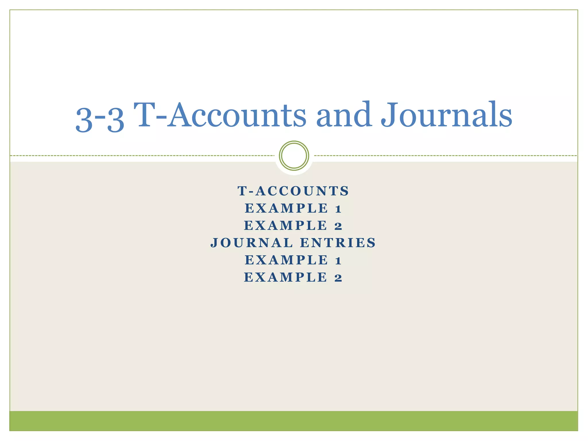 3-3 T-Accounts and Journals 
T-ACCOUNTS 
EXAMPLE 1 
EXAMPLE 2 
JOURNAL ENTRIES 
EXAMPLE 1 
EXAMPLE 2 
 