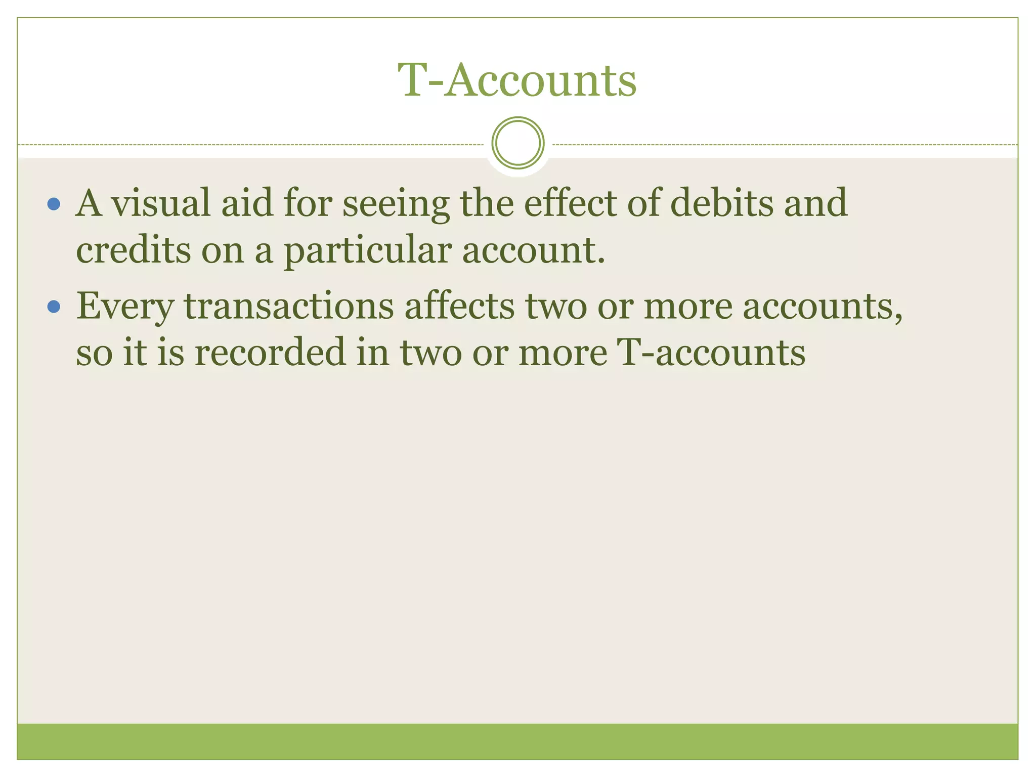 T-Accounts 
 A visual aid for seeing the effect of debits and 
credits on a particular account. 
 Every transactions affects two or more accounts, 
so it is recorded in two or more T-accounts 
 