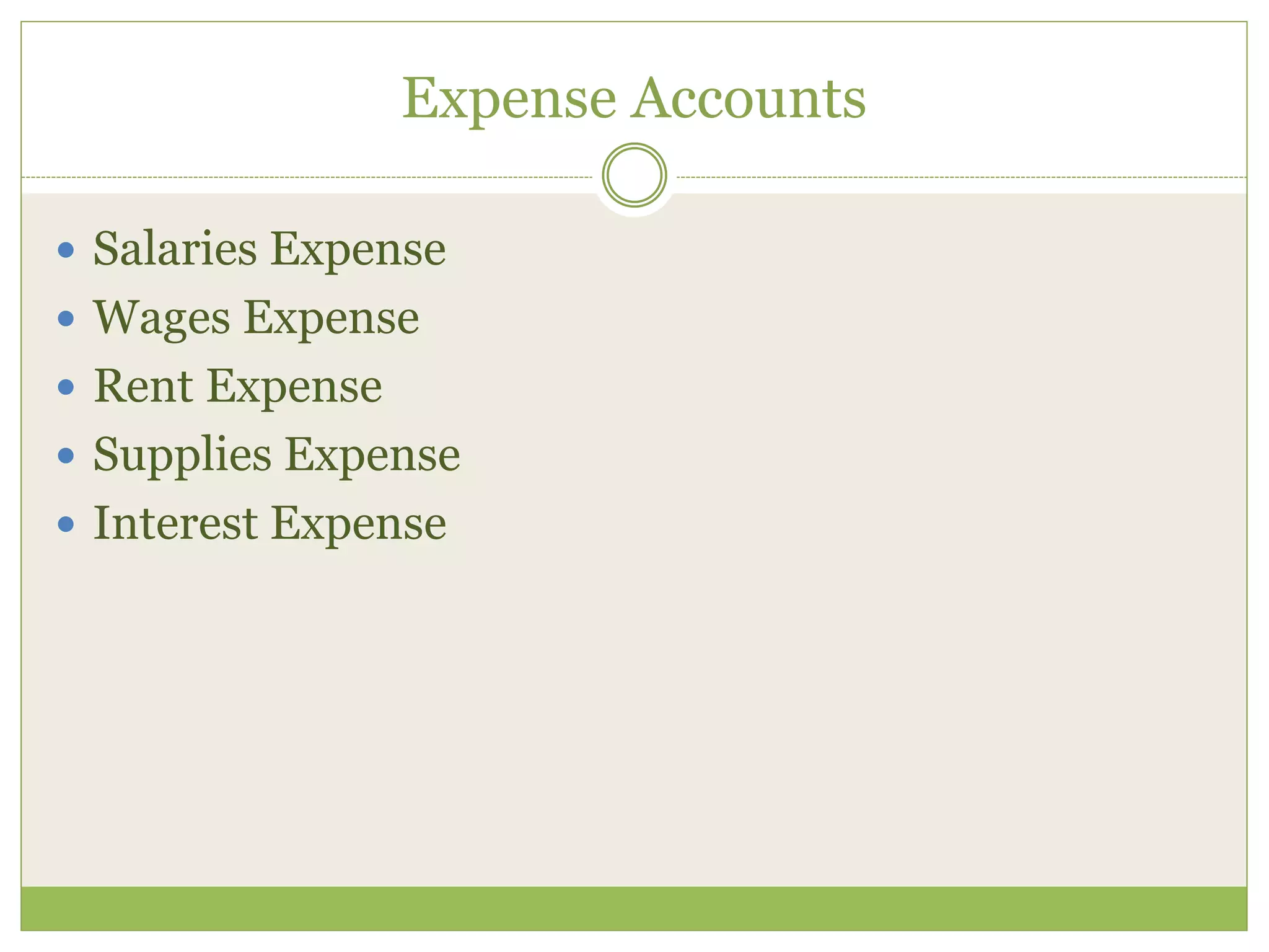 Expense Accounts 
 Salaries Expense 
 Wages Expense 
 Rent Expense 
 Supplies Expense 
 Interest Expense 
 