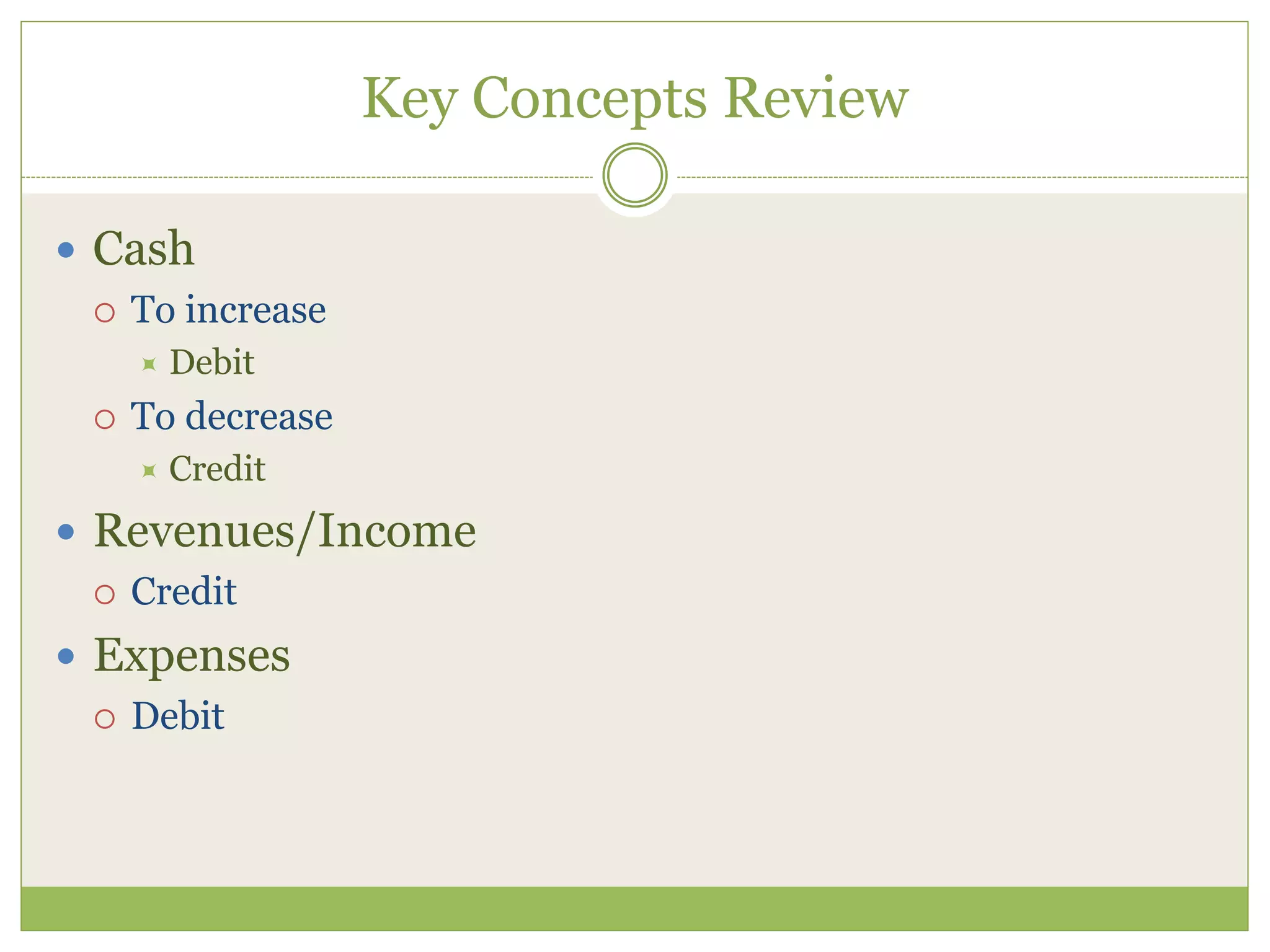 Key Concepts Review 
 Cash 
 To increase 
 Debit 
 To decrease 
 Credit 
 Revenues/Income 
 Credit 
 Expenses 
 Debit 
 