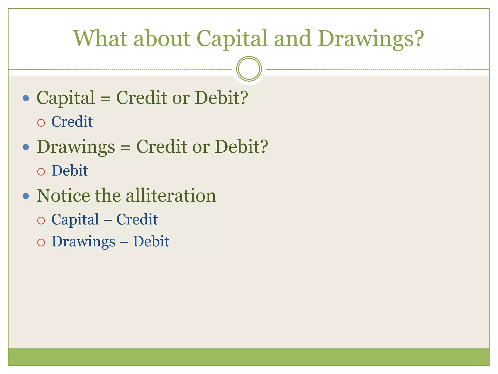 What about Capital and Drawings? 
 Capital = Credit or Debit? 
 Credit 
 Drawings = Credit or Debit? 
 Debit 
 Notice the alliteration 
 Capital – Credit 
 Drawings – Debit 
 