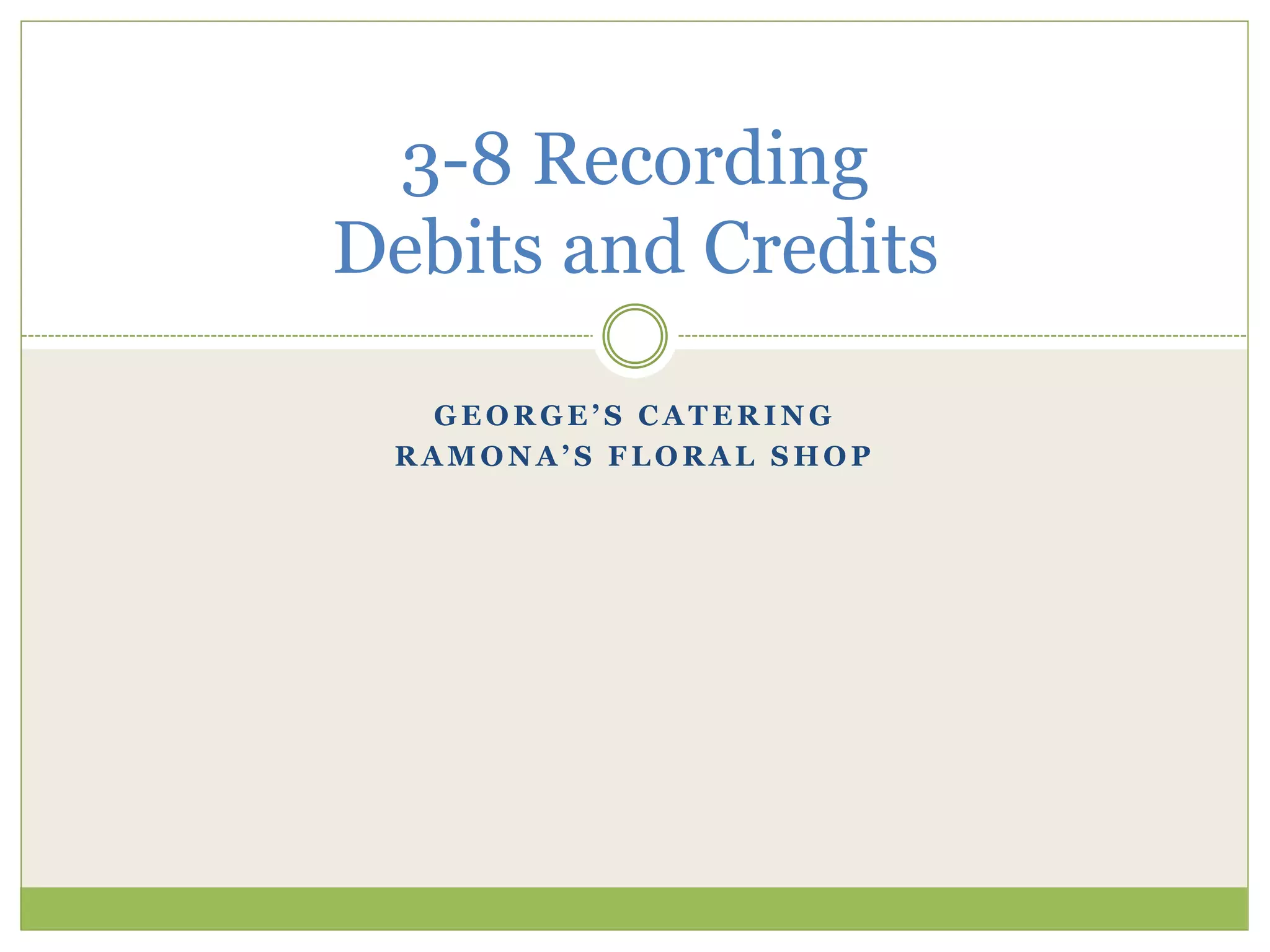 3-8 Recording 
Debits and Credits 
G E O R G E ’ S C A T E R I N G 
R A M O N A ’ S F L O R A L S H O P 
 