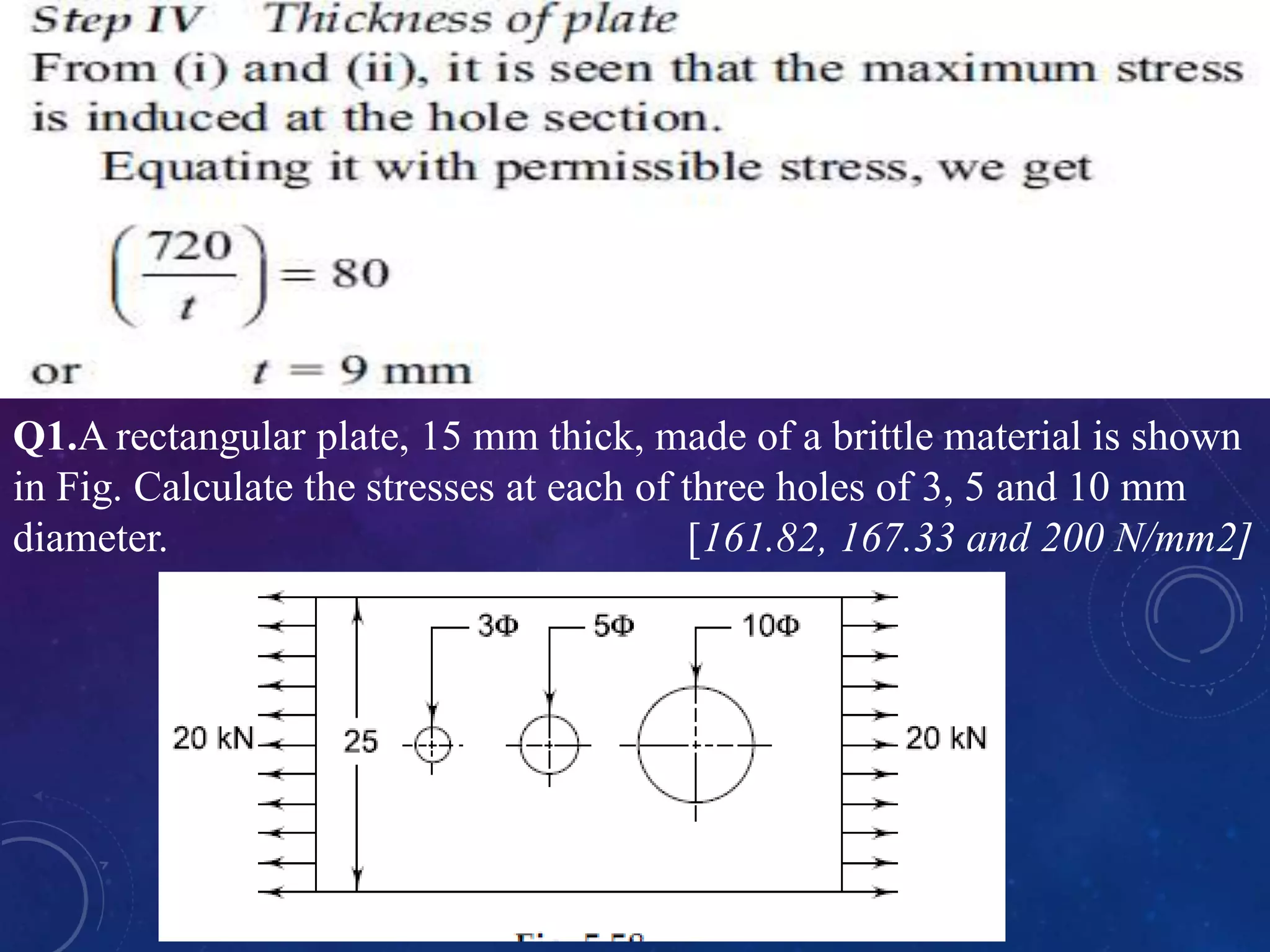 Q1.A rectangular plate, 15 mm thick, made of a brittle material is shown
in Fig. Calculate the stresses at each of three holes of 3, 5 and 10 mm
diameter. [161.82, 167.33 and 200 N/mm2]
 