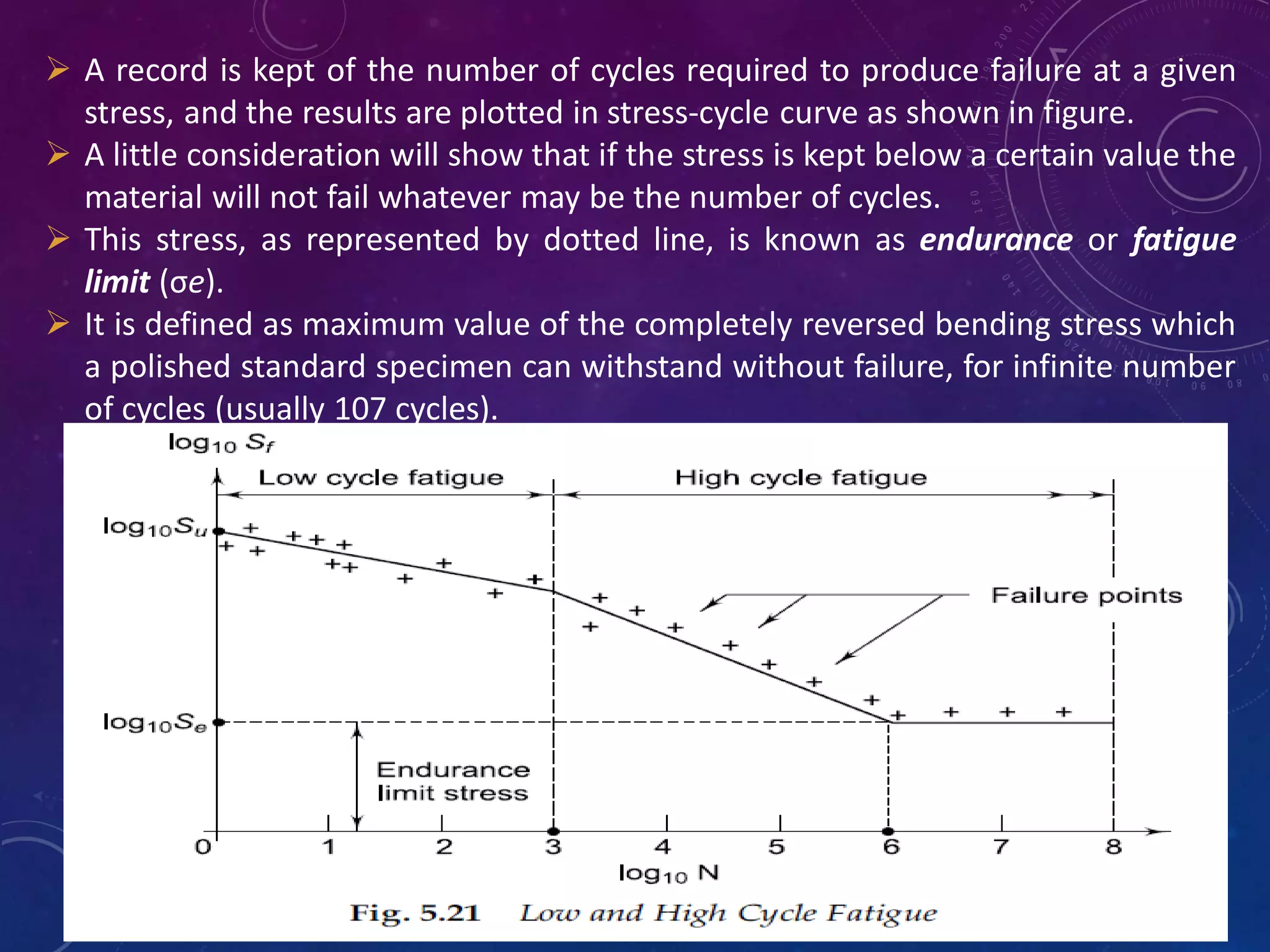  A record is kept of the number of cycles required to produce failure at a given
stress, and the results are plotted in stress-cycle curve as shown in figure.
 A little consideration will show that if the stress is kept below a certain value the
material will not fail whatever may be the number of cycles.
 This stress, as represented by dotted line, is known as endurance or fatigue
limit (σe).
 It is defined as maximum value of the completely reversed bending stress which
a polished standard specimen can withstand without failure, for infinite number
of cycles (usually 107 cycles).
 