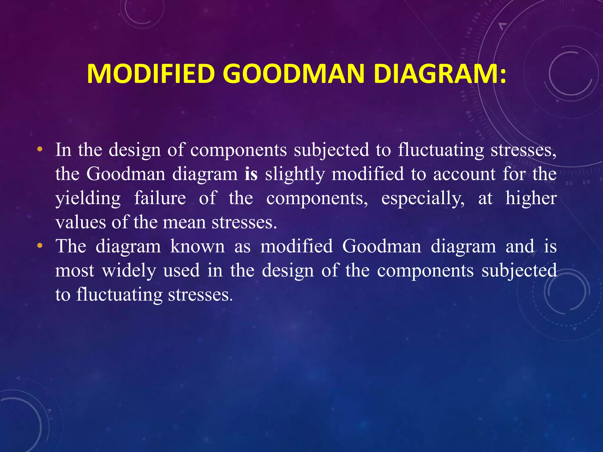 MODIFIED GOODMAN DIAGRAM:
• In the design of components subjected to fluctuating stresses,
the Goodman diagram is slightly modified to account for the
yielding failure of the components, especially, at higher
values of the mean stresses.
• The diagram known as modified Goodman diagram and is
most widely used in the design of the components subjected
to fluctuating stresses.
 