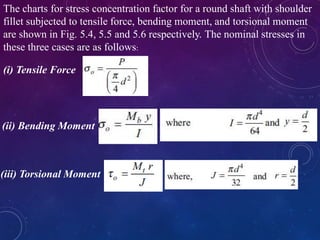 The charts for stress concentration factor for a round shaft with shoulder
fillet subjected to tensile force, bending moment, and torsional moment
are shown in Fig. 5.4, 5.5 and 5.6 respectively. The nominal stresses in
these three cases are as follows:
(i) Tensile Force
(ii) Bending Moment
(iii) Torsional Moment
 