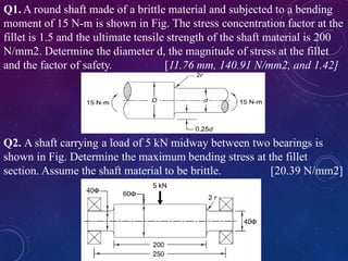 Q1. A round shaft made of a brittle material and subjected to a bending
moment of 15 N-m is shown in Fig. The stress concentration factor at the
fillet is 1.5 and the ultimate tensile strength of the shaft material is 200
N/mm2. Determine the diameter d, the magnitude of stress at the fillet
and the factor of safety. [11.76 mm, 140.91 N/mm2, and 1.42]
Q2. A shaft carrying a load of 5 kN midway between two bearings is
shown in Fig. Determine the maximum bending stress at the fillet
section. Assume the shaft material to be brittle. [20.39 N/mm2]
 