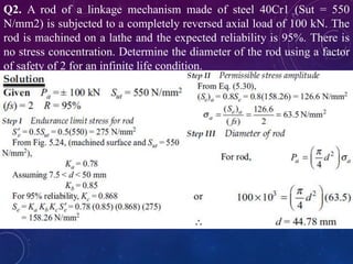 Q2. A rod of a linkage mechanism made of steel 40Cr1 (Sut = 550
N/mm2) is subjected to a completely reversed axial load of 100 kN. The
rod is machined on a lathe and the expected reliability is 95%. There is
no stress concentration. Determine the diameter of the rod using a factor
of safety of 2 for an infinite life condition.
 