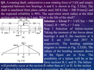 Q3. A rotating shaft, subjected to a non rotating force of 5 kN and simply
supported between two bearings A and E is shown in Fig. 5.32(a). The
shaft is machined from plain carbon steel 30C8 (Sut = 500 N/mm2) and
the expected reliability is 90%. The equivalent notch radius at the fillet
section can be taken as 3 mm. What is the life of the shaft?
Solution :- Given P = 5 kN Sut = 500
N/mm2, R = 90%, r = 3 mm
Step I Selection of failure-section
Taking the moment of the forces about
bearings A and E, the reactions at A
and E are 2143 and 2857 N
respectively. The bending moment
diagram is shown in Fig. 5.32(b). The
values of the bending moment shown
in the figure are in N-m. The
possibility of a failure will be at the
three sections B, C and D. The failure
will probably occur at the section B rather than at C or D. At the section
 