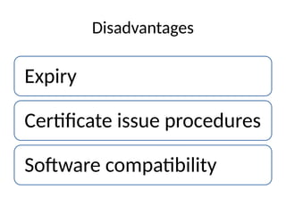 Disadvantages
Expiry
Certificate issue procedures
Software compatibility
 