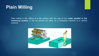 Plain Milling
Plain milling is the milling of a flat surface with the axis of the cutter parallel to the
machining surface. It can be carried out either on a horizontal machine or a vertical
machine
 