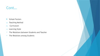 Cont…
 School Factors
a) Teaching Method
b) Curriculum
c) Learning Style
 The Relations between Students and Teacher
 The Relations among Students
 
