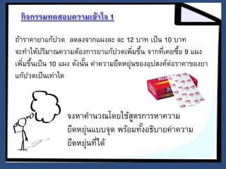 ถ้าราคายาแก้ปวด ลดลงจากแผงละ ละ 12 บาท เป็น 10 บาท 
จะทา ให้ปริมาณความต้องการยาแก้ปวดเพมิ่ขึ้น จากที่เคยซื้อ 9 แผง 
เพมิ่ขึ้นเป็น 10 แผง ดังนั้น ค่าความยืดหย่นุของอุปสงค์ต่อราคาของยา 
แก้ปวดเป็นเท่าใด 
จงหาคานวณโดยใช้สูตรการหาความ 
ยืดหย่นุแบบจุด พร้อมทัง้อธิบายค่าความ 
ยืดหย่นุที่ได้ 
 