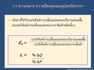 1.1 ความหมาย ความยืดหยุ่นของอุปสงค์ต่อราคา 
• เป็นค่าที่ใช้วัดเปอร์เซ็นต์การเปลี่ยนแปลงของปริมาณเสนอซื้อ 
ต่อเปอร์เซ็นต์การเปลี่ยนแปลงของราคาสินค้าชนิดนั้นๆ 
เปอร์เซ็นต์การเปลี่ยนแปลงของปริมาณเสนอซื้อ 
เปอร์เซ็นต์การเปลี่ยนแปลงของราคาสินค้า 
Copyright © 2004 South-Western/Thomson Learning 
εP = 
εP = % ΔQ 
% ΔP 
 