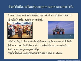 สินค้าใดมีความยืดหยุ่นของอุปทานต่อราคามากกว่ากัน 
คา ถาม: เมื่อราคาสินค้าเพมิ่ขึ้นในอัตราที่เท่ากัน ผู้ผลิตจะเพมิ่การ 
ผลิตเสื้อผ้า หรือ น้ามัน มากกว่ากัน 
•เสื้อผ้าสา เร็จรูป เมื่อราคาเพมิ่ขึ้น ผู้ผลิตสามารถผลิตออกมาขายได้เพมิ่ขึ้น 
ผู้ผลิตสามารถหาวัตถุดิบได้ง่ายกว่า การผลิตน้ามัน เพราะอาจต้องมีการ 
สัมปทาน และต้นทุนการขุดเจาะที่สูง 
•ดังนั้น น้ามันมีความยืดหยุ่นของอุปทานต่อราคาน้อย Inelastic 
Copyright © 2004 South-Western/Thomson Learning 
 