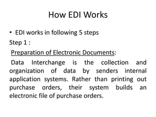 How EDI Works
• EDI works in following 5 steps
Step 1 :
Preparation of Electronic Documents:
Data Interchange is the collection and
organization of data by senders internal
application systems. Rather than printing out
purchase orders, their system builds an
electronic file of purchase orders.
 