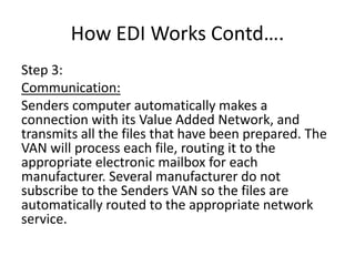 How EDI Works Contd….
Step 3:
Communication:
Senders computer automatically makes a
connection with its Value Added Network, and
transmits all the files that have been prepared. The
VAN will process each file, routing it to the
appropriate electronic mailbox for each
manufacturer. Several manufacturer do not
subscribe to the Senders VAN so the files are
automatically routed to the appropriate network
service.
 
