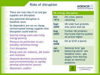 Risks of disruption

• There are real risks if oil and gas      UK energy disruption
   supplies are disrupted.
                                           Oct      Oil crisis; petrol
• Any potential disruption is              1973     rationing
   headline news
                                           Sept     UK wide fuel protests
• So dependent are we on cheap,
                                           2000     over price and tax
   uninterrupted energy supplies that
   disruption could lead to:               Aug      Further UK protests;
                                           2005     Hurricane Katrina pushes
1. Soaring energy costs and rising
                                                    oil prices higher
   energy poverty
2. Pressure on politicians to act;         Aug      Oil at $147 a barrel
   possibly rationing energy               2008
3. Civil disruption                        Jan      National Grid ‘gas
4. Rising costs for industry, job losses   2010     balancing alerts’ are
   and recession                                    headline news ; gas
                                                    supply from Norway
5. Unsound decisions (economically                  drops on technical
   and environmentally) to rapidly                  problems
   develop alternative sources
6. Diplomatic conflict
 