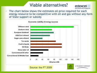 Viable alternatives?
• The chart below shows the estimates oil price required for each
  energy resource to be competitive with oil and gas without any form
  of State support or subsidy
                            Economic viability of energy sources

               Offshore wind
               Onshore wind
          European biodiesel
           USA Corn ethanol
          Sugar cane ethanol
                   Tar sands
               Coal to liquids
                    Oil Shale
               Deep water oil
       Conventional Oil other
 Conventional Oil Middle East

                                 0    20   40      60        80     100   120   140   160
                                                        Oil price US$


                                 Source: the FT 2009
 