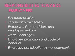 Fair remuneration
 Job security and safety
 Proper working conditions and
employee welfare
 Trade union rights
 Employee promotion and code of
conduct
 Employee participation in management.
 