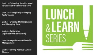 Unit 1—Enhancing Your Personal
Influence at the Executive Level
Unit 2—Strategically Managing
Performance
Unit 3—Creating Thinking Space
and Managing Time
Unit 4—Options for
Organisational Structuring
Unit 5—Negotiation and Conflict
Management
Unit 6—Driving Positive Culture
Change
 