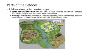 Parts of the fiefdom
• A fiefdom was organised into two big parts:
• Lord’s demesne or domain: The best land. The lord reserved for himself. The castle
and communal pastures and forest were located here.
• Holdings: Plots of land provided to serfs and peasants, which they farmed and built
their houses on, in exchange for labour in the demesne and taxes.
 