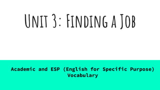 Unit 3: Finding a Job
Academic and ESP (English for Specific
Purpose)AcaA
Vocabulary
Academic and ESP (English for Specific Purpose)
Vocabulary
 