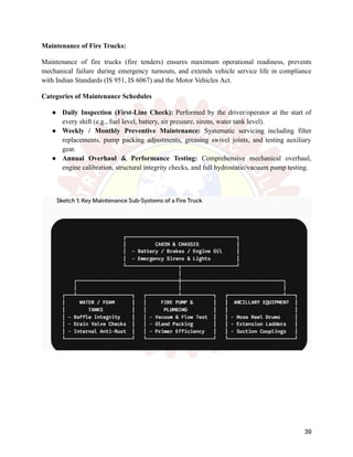 Maintenance of Fire Trucks:
Maintenance of fire trucks (fire tenders) ensures maximum operational readiness, prevents
mechanical failure during emergency turnouts, and extends vehicle service life in compliance
with Indian Standards (IS 951, IS 6067) and the Motor Vehicles Act.
Categories of Maintenance Schedules
●​ Daily Inspection (First-Line Check): Performed by the driver/operator at the start of
every shift (e.g., fuel level, battery, air pressure, sirens, water tank level).
●​ Weekly / Monthly Preventive Maintenance: Systematic servicing including filter
replacements, pump packing adjustments, greasing swivel joints, and testing auxiliary
gear.
●​ Annual Overhaul & Performance Testing: Comprehensive mechanical overhaul,
engine calibration, structural integrity checks, and full hydrostatic/vacuum pump testing.
39
 