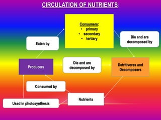 CIRCULATION OF NUTRIENTS :

                                Consumers:
                                • primary
                               • secondary
                                 • tertiary          Die and are
             Eaten by                              decomposed by




                             Die and are      Detritivores and
         Producers         decomposed by       Decomposers



             Consumed by


                               Nutrients
Used in photosynthesis
 