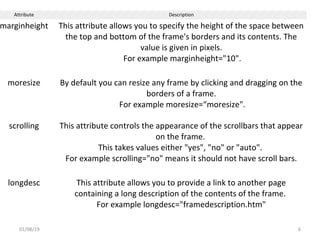 01/08/19 6
Attribute Description
marginheight This attribute allows you to specify the height of the space between
the top and bottom of the frame's borders and its contents. The
value is given in pixels.
For example marginheight="10".
moresize By default you can resize any frame by clicking and dragging on the
borders of a frame.
For example moresize=“moresize".
scrolling This attribute controls the appearance of the scrollbars that appear
on the frame.
This takes values either "yes", "no" or "auto".
For example scrolling="no" means it should not have scroll bars.
longdesc This attribute allows you to provide a link to another page
containing a long description of the contents of the frame.
For example longdesc="framedescription.htm"
 