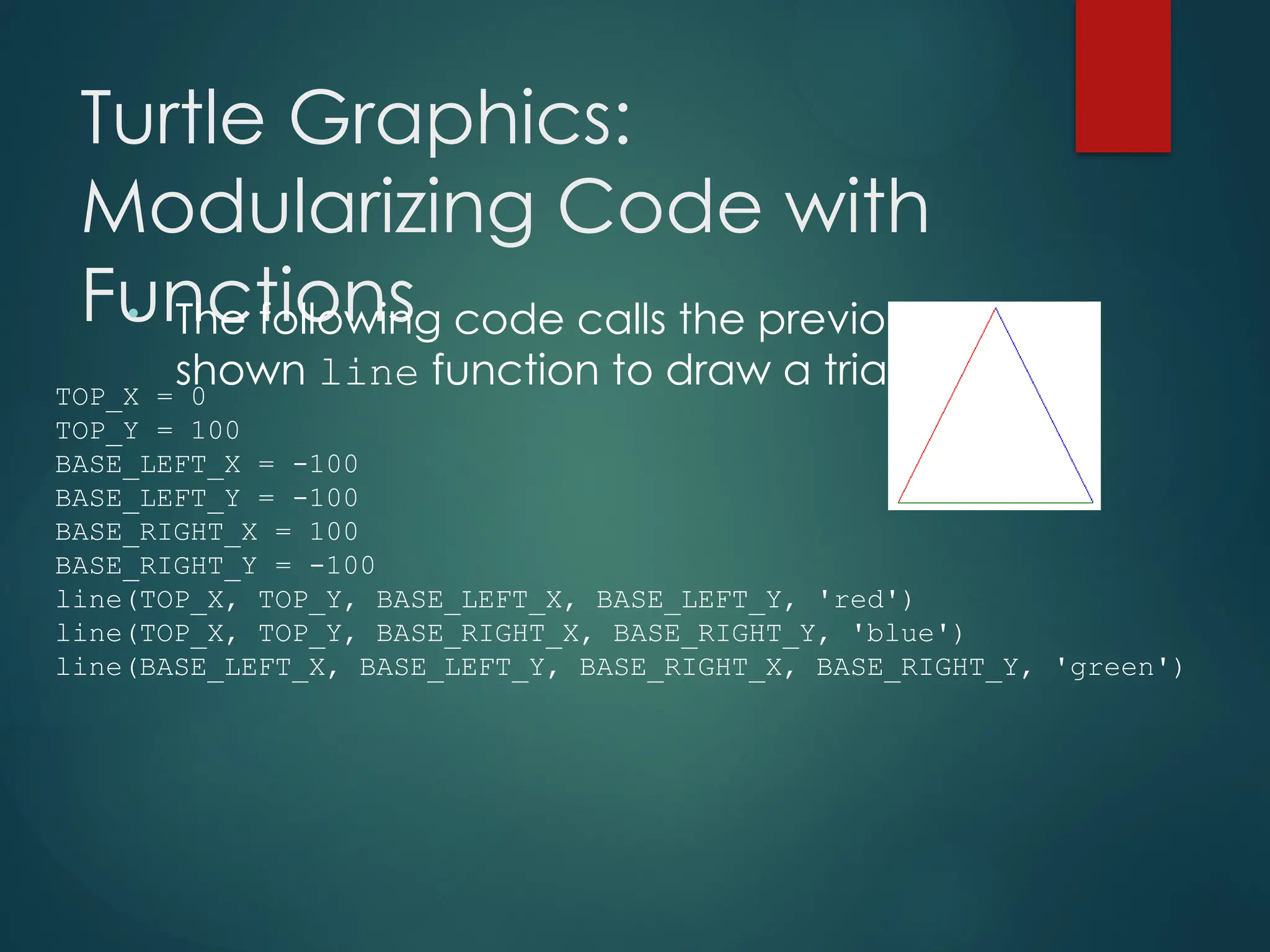 Turtle Graphics:
Modularizing Code with
Functions
• The following code calls the previously
shown line function to draw a triangle:
TOP_X = 0
TOP_Y = 100
BASE_LEFT_X = -100
BASE_LEFT_Y = -100
BASE_RIGHT_X = 100
BASE_RIGHT_Y = -100
line(TOP_X, TOP_Y, BASE_LEFT_X, BASE_LEFT_Y, 'red')
line(TOP_X, TOP_Y, BASE_RIGHT_X, BASE_RIGHT_Y, 'blue')
line(BASE_LEFT_X, BASE_LEFT_Y, BASE_RIGHT_X, BASE_RIGHT_Y, 'green')
 