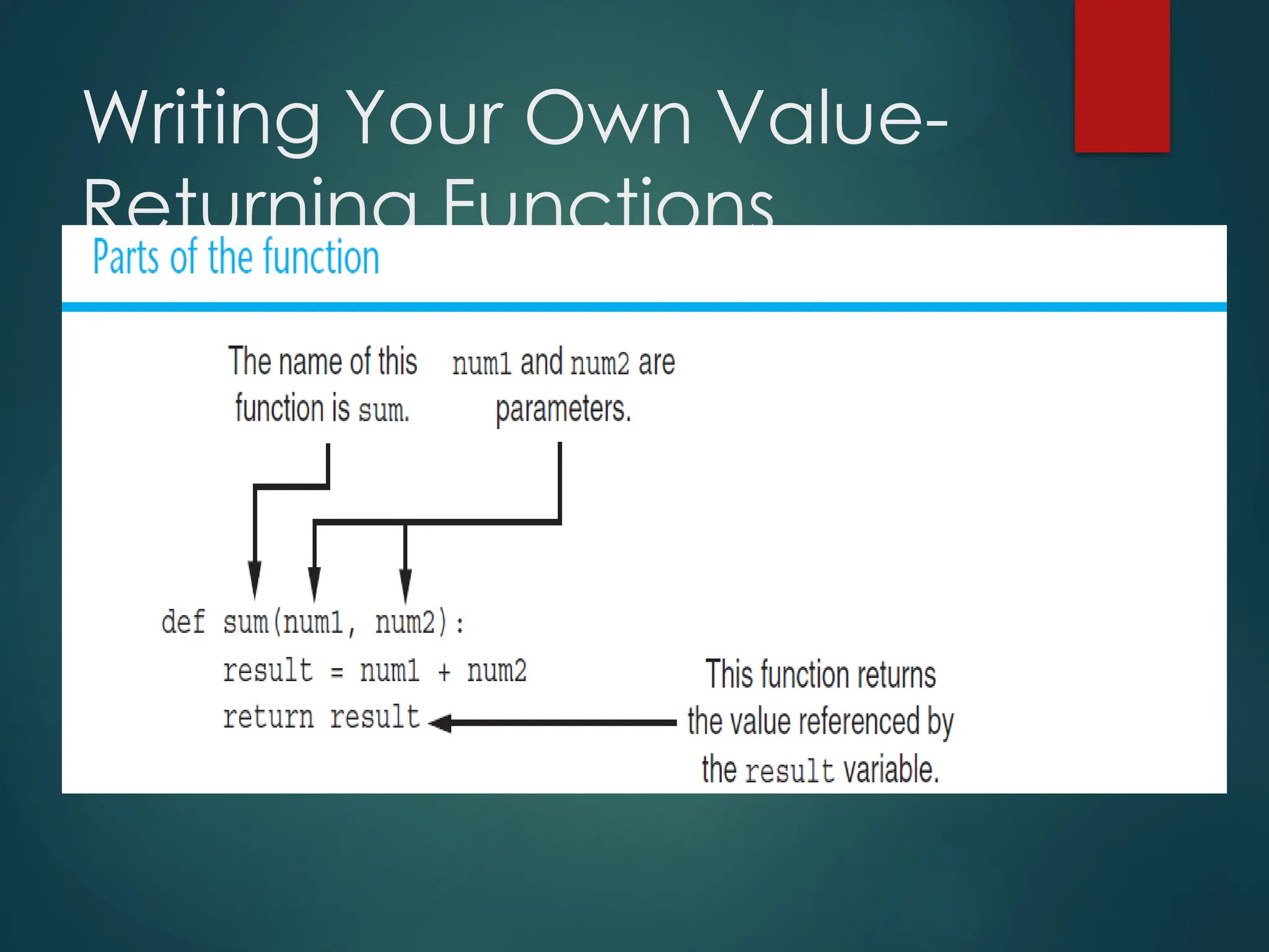 Writing Your Own Value-
Returning Functions
(cont’d.)
 