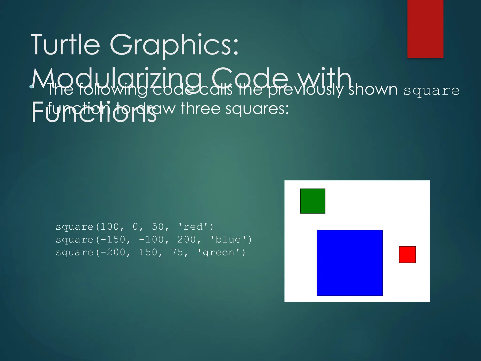 Turtle Graphics:
Modularizing Code with
Functions
• The following code calls the previously shown square
function to draw three squares:
square(100, 0, 50, 'red')
square(-150, -100, 200, 'blue')
square(-200, 150, 75, 'green')
 