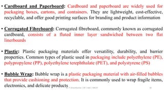 • Cardboard and Paperboard: Cardboard and paperboard are widely used for
packaging boxes, cartons, and containers. They are lightweight, cost-effective,
recyclable, and offer good printing surfaces for branding and product information
• Corrugated Fibreboard: Corrugated fibreboard, commonly known as corrugated
cardboard, consists of a fluted inner layer sandwiched between two flat
linerboards
• Plastic: Plastic packaging materials offer versatility, durability, and barrier
properties. Common types of plastic used in packaging include polyethylene (PE),
polypropylene (PP), polyethylene terephthalate (PET), and polystyrene (PS)
• Bubble Wrap: Bubble wrap is a plastic packaging material with air-filled bubbles
that provide cushioning and protection. It is commonly used to wrap fragile items,
electronics, and delicate products
Dr. P. Dineshkumar / AP / AGE / KNCET 34
 