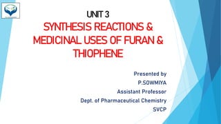 UNIT 3
SYNTHESIS REACTIONS &
MEDICINAL USES OF FURAN &
THIOPHENE
Presented by
P.SOWMIYA
Assistant Professor
Dept. of Pharmaceutical Chemistry
SVCP
 