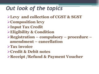 Out look of the topics
Levy and collection of CGST & SGST
Composition levy
Input Tax Credit
Eligibility & Condition
Registration – compulsory – procedure –
amendment – cancellation
Tax invoice
Credit & Debit notes
Receipt /Refund & Payment Voucher
 